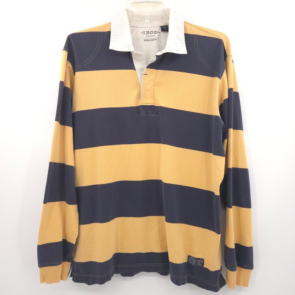 IZOD Rugby Shirt Mens Large Yellow Navy Blue Striped Long Sleeve Retro Varsity